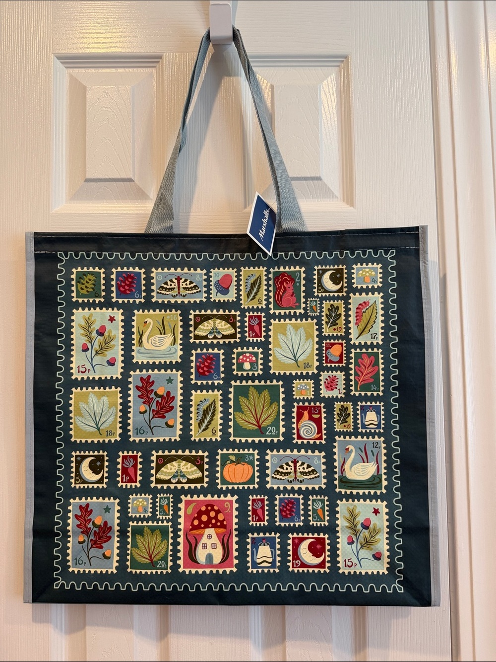 Marshalls/ TJ Maxx Reusable Tote with Colorful Postage Stamp Illustrations 💌🍄🍂🛍️